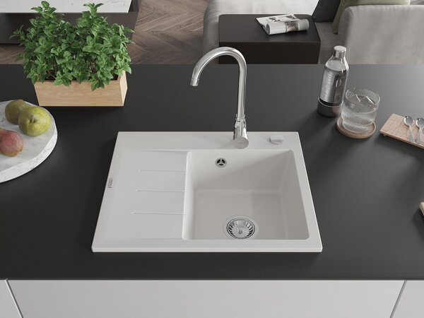 Mexen Ben, chiuveta granit cu 1 camera 600x500x190 mm, dreapta + sifon cromat, alb, 6523605000-20