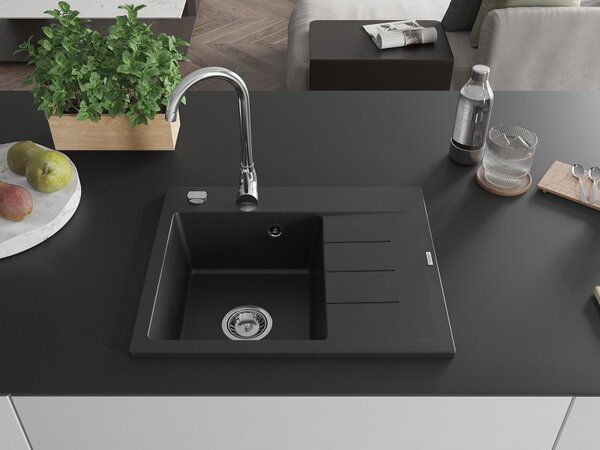 Mexen Ben, chiuveta granit cu 1 camera 600x500x190 mm, stanga + sifon cromat, negru, 6522605000-77