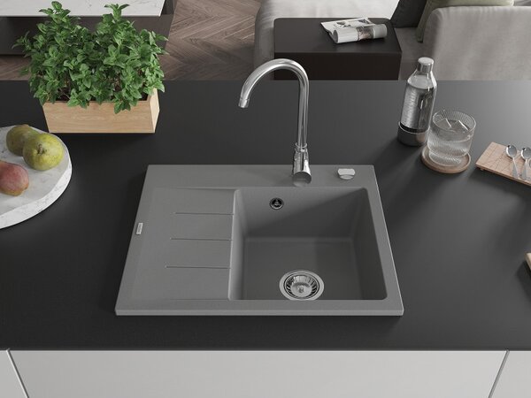 Mexen Ben, chiuveta granit cu 1 camera 600x500x190 mm, dreapta + sifon crom, gri, 6523605000-71