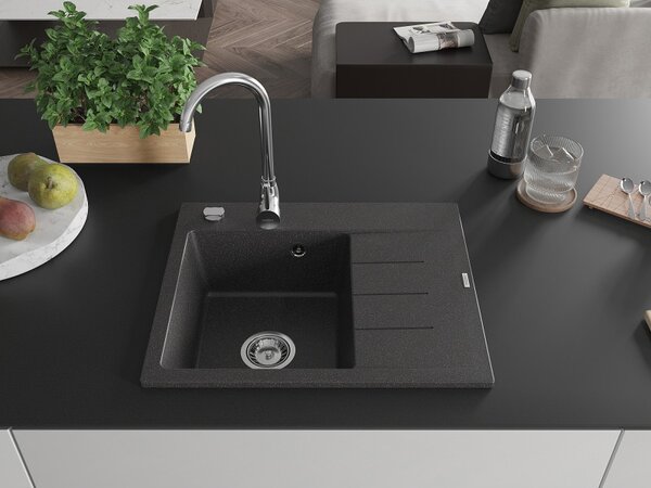 Mexen Ben, chiuveta granit cu 1 camera 600x500x190 mm, stanga + sifon crom, negru patat, 6522605000-76