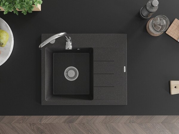 Mexen Ben, chiuveta granit cu 1 camera 600x500x190 mm, stanga + sifon crom, negru patat, 6522605000-76