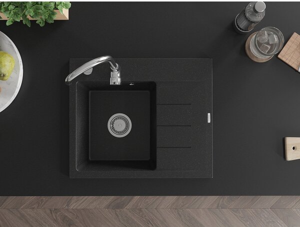 Mexen Ben, chiuveta granit cu 1 camera 600x500x190 mm, stanga + sifon crom, negru-argintiu metalic, 6522605000-73