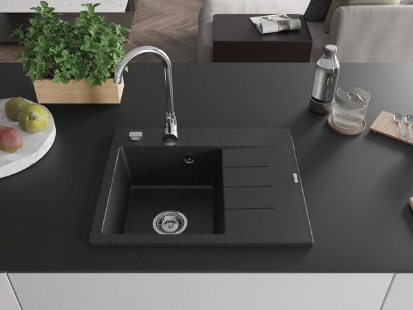 Mexen Ben, chiuveta granit cu 1 camera 600x500x190 mm, stanga + sifon crom, negru-argintiu metalic, 6522605000-73