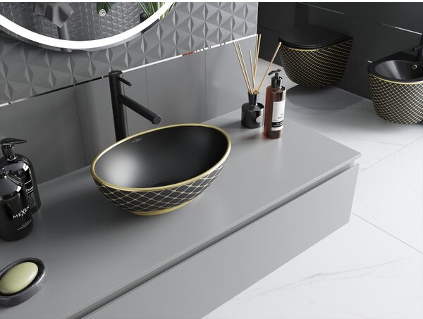 Mexen Elza, chiuveta blat ceramica 405 x 330 mm, model negru mat-auriu, 21014029
