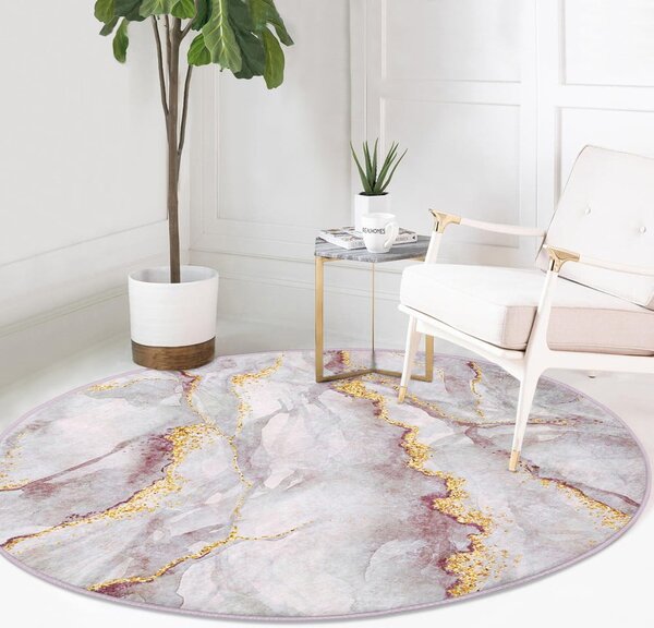 Covor roz deschis/auriu lavabil rotund ø 120 cm Marble – Mila Home