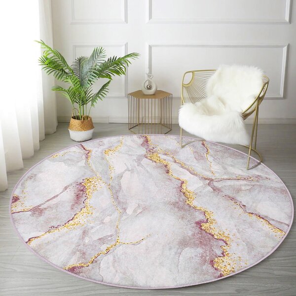 Covor roz deschis/auriu lavabil rotund ø 120 cm Marble – Mila Home