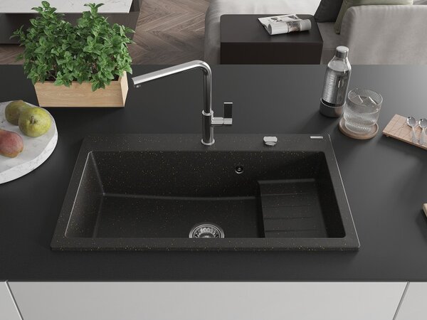 Mexen Omar, chiuveta granit cu 1 camera 800x480x210 mm, negru-auriu metalic, sifon crom, 6520801005-75