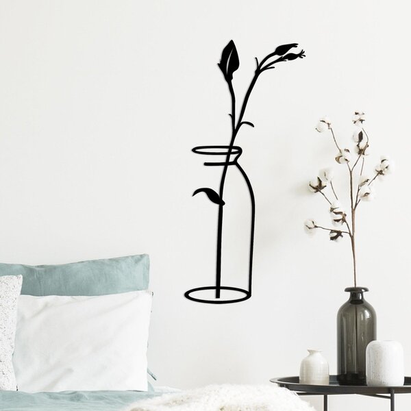 Decoratiune de perete Metal Flower In The Vase, Negru, 71x33 cm