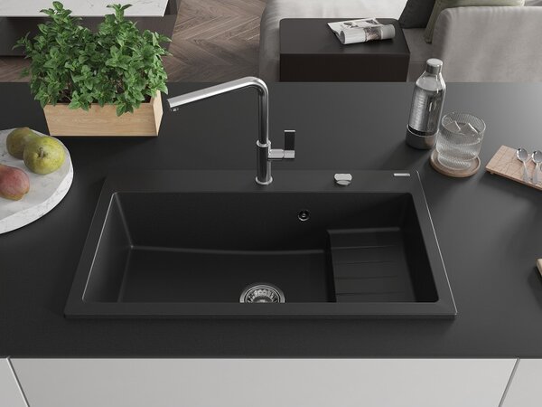 Mexen Omar, chiuveta granit cu 1 camera 800x480x210 mm, negru, sifon cromat, 6520801005-77