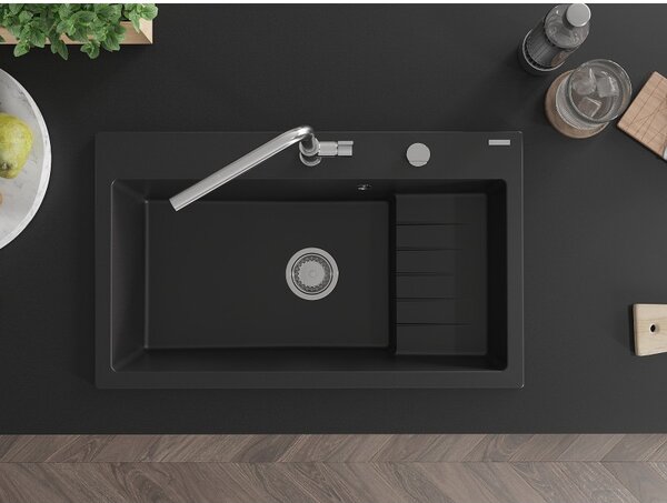 Mexen Omar, chiuveta granit cu 1 camera 800x480x210 mm, negru, sifon cromat, 6520801005-77