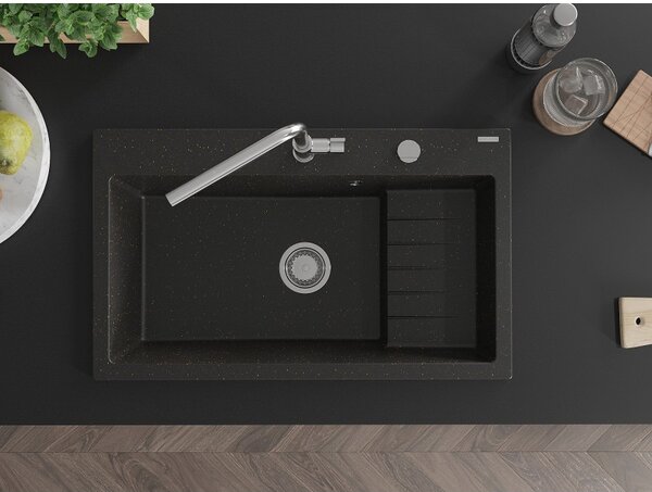 Mexen Omar, chiuveta granit cu 1 camera 800x480x210 mm, negru-auriu metalic, sifon crom, 6520801005-75