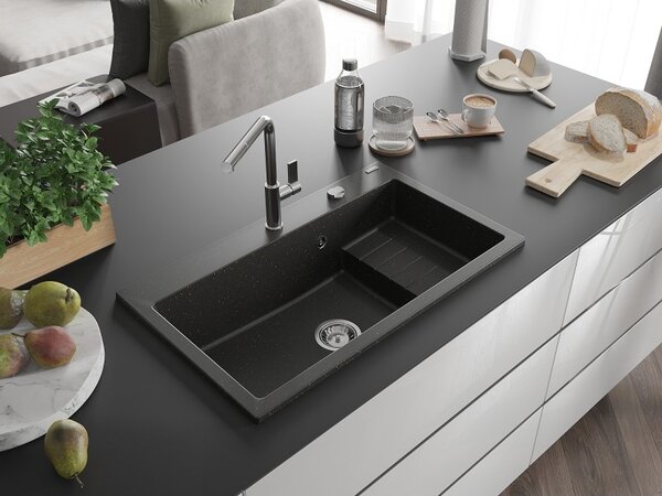 Mexen Omar, chiuveta granit cu 1 camera 800x480x210 mm, negru-auriu metalic, sifon crom, 6520801005-75