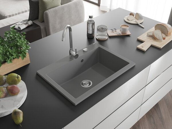 Mexen Elix, chiuvetă granit cu 1 vas 700 x 500 mm, gri, sifon crom, 6526701005-71