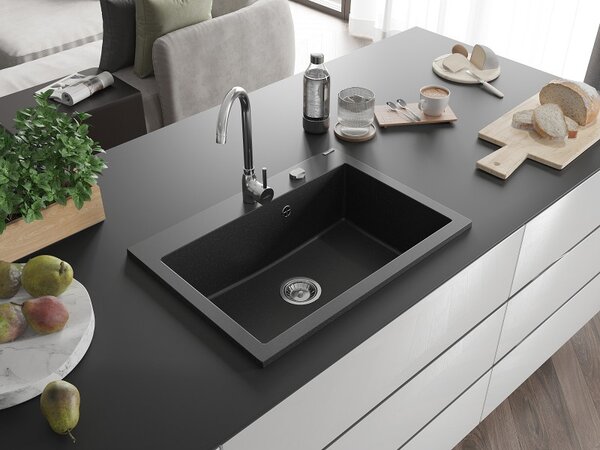 Mexen Elix, chiuvetă granit cu 1 vas 700 x 500 mm, negru/argintiu metalic, sifon crom, 6526701005-73