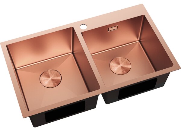 Chiuvetă Mexen Xorin din oțel inoxidabil cu 2 compartimente, 780 x 450 mm, cupru periat, 6441782000-65