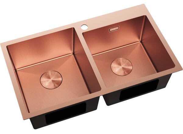 Chiuvetă Mexen Xorin din oțel inoxidabil cu 2 compartimente, 780 x 450 mm, cupru periat, model fagure, 6441782000-65HC