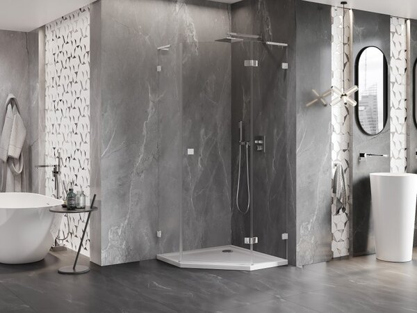 Mexen Lunar, cabină de duș pentagonală cu balamale dreapta L 80 x 80 cm, sticlă transparentă de 8 mm, profil cromat, 831L-080P-080L-01-00-P