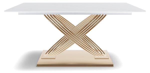 Masa dining 160 cm HERMES, alb cu efect de marmura/auriu, ceramica/met