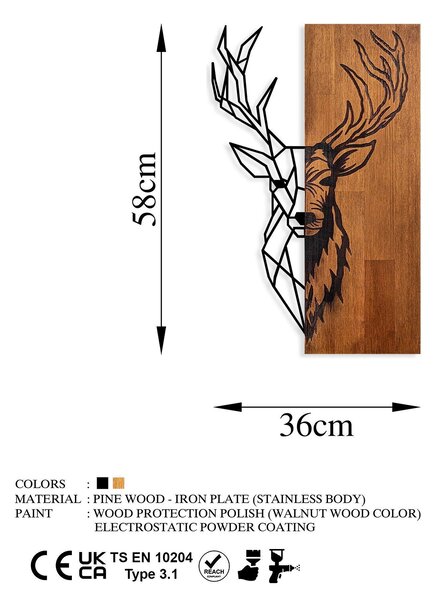 Decoratiune de perete lemn Red Deer 1, Nuc, 58x36 cm