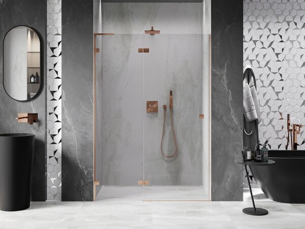 Mexen Lunar L, Ușă de duș cu balamale pe stânga 130 cm, sticlă transparentă de 8 mm, profil mat cupră, 834L-130-000-65-00-L