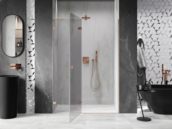 Mexen Lunar L, Ușă de duș cu balamale pe stânga 130 cm, sticlă transparentă de 8 mm, profil mat cupră, 834L-130-000-65-00-L