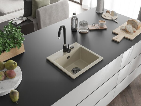 Mexen Milo, chiuveta granit 435x410x171 mm, 1 camera, bej cu sifon negru, 6505441000-69-B
