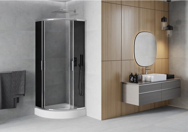 Mexen Rio, duș pătrat cu ușă glisantă 80 x 80 cm, sticlă gri 6 mm, profil crom + cadă de duș albă Rio înaltă, 863-080-080-01-40-4710