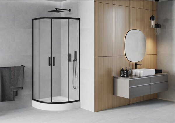 Mexen Rio, duș pătrat cu ușă glisantă 80(uşă) x 80(uşă) x 190 cm, sticlă mată 6mm, profil negru + cadă de duș RIO albă, 863-080-080-70-30-4710