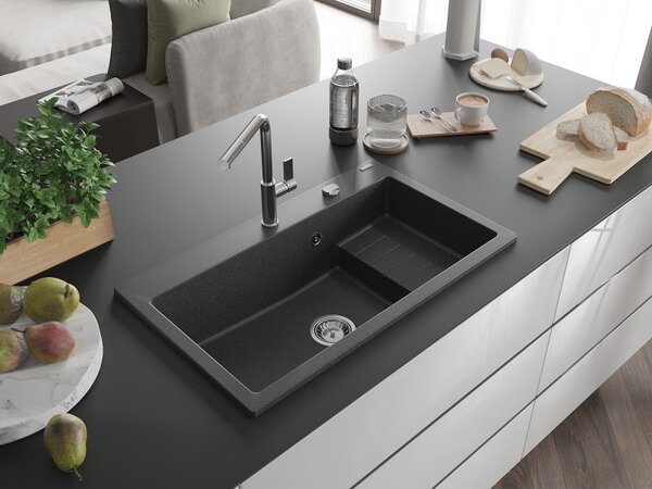 Mexen Omar, chiuveta granit cu 1 camera 800x480x210 mm, pete negre, sifon cromat, 6520801005-76