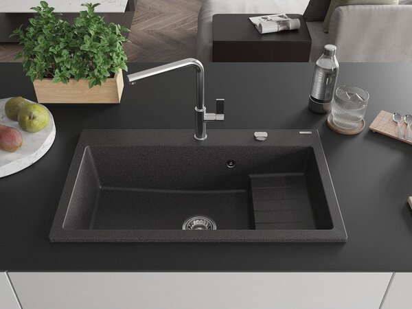 Mexen Omar, chiuveta granit cu 1 camera 800x480x210 mm, pete negre, sifon cromat, 6520801005-76