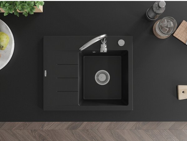 Mexen Ben, chiuveta granit cu 1 camera 600x500x190 mm, dreapta + sifon cromat, negru, 6523605000-77