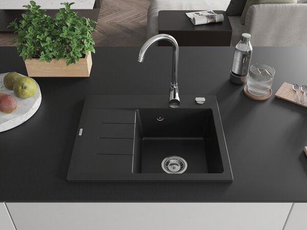 Mexen Ben, chiuveta granit cu 1 camera 600x500x190 mm, dreapta + sifon cromat, negru, 6523605000-77