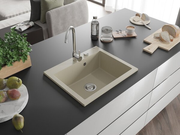 Mexen Elix, chiuvetă granit cu 1 vas 600 x 500 mm, bej, sifon crom, 6525601005-69