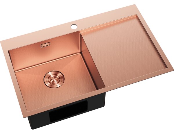 Chiuvetă Mexen Exar, din oțel inoxidabil cu 1 cuvă și scurgător, stânga, 780 x 480 mm, cupru periat, model fagure, 6433781010L-65HC