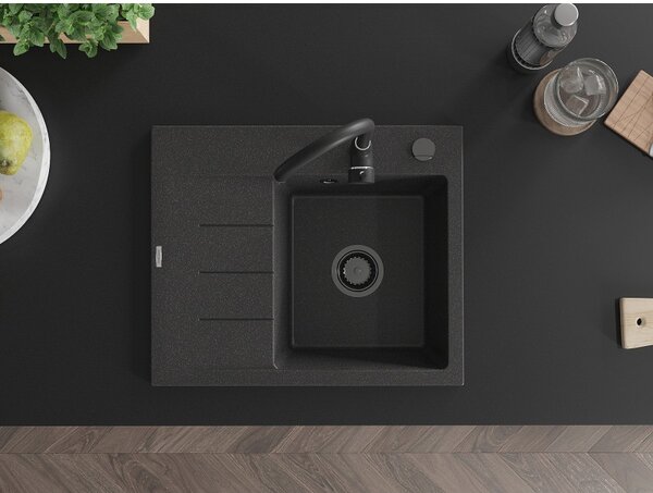 Mexen Ben, chiuvetă granit cu 1 cameră 600x500x190 mm, dreapta + sifon negru, pete negre, 6523605000-76-B