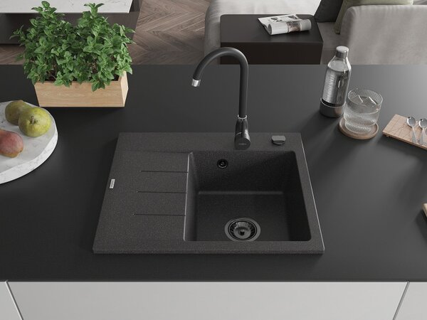 Mexen Ben, chiuvetă granit cu 1 cameră 600x500x190 mm, dreapta + sifon negru, pete negre, 6523605000-76-B