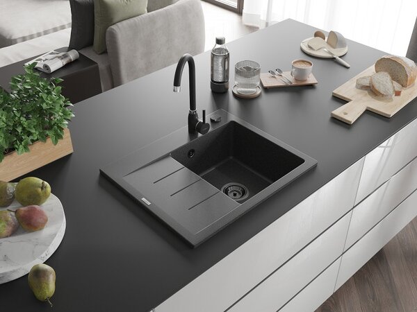 Mexen Ben, chiuvetă granit cu 1 cameră 600x500x190 mm, dreapta + sifon negru, pete negre, 6523605000-76-B