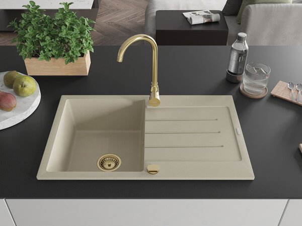 Mexen Bruno, chiuveta granit 795x495x200 mm, 1 camera, bej cu sifon auriu, 6513791010-69-G
