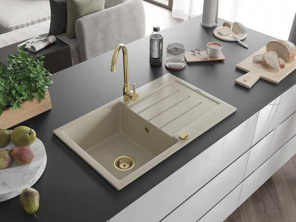 Mexen Bruno, chiuveta granit 795x495x200 mm, 1 camera, bej cu sifon auriu, 6513791010-69-G