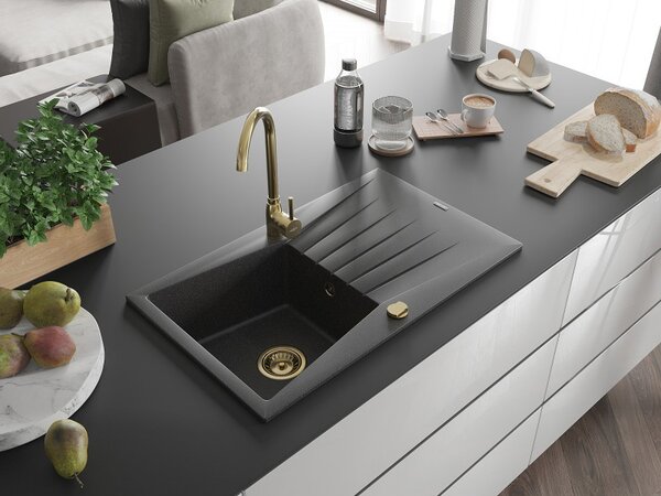 Mexen Cesar, chiuveta granit 775x470x190 mm, 1 camera, pete negre cu sifon de aur, 6514771010-76-G