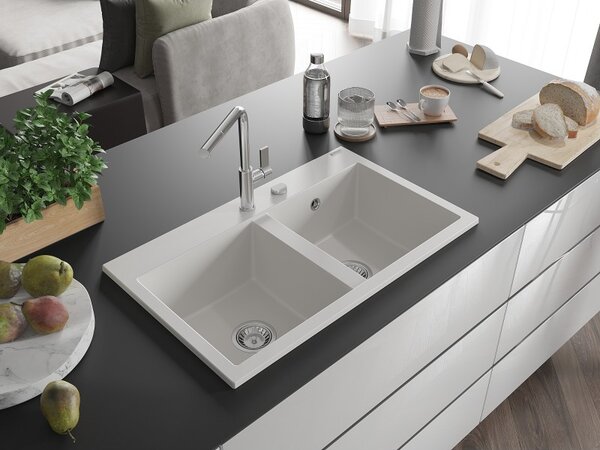Mexen Hektor, chiuveta granit cu 2 camere 800x480x205 mm, alb, sifon crom, 6521802000-20