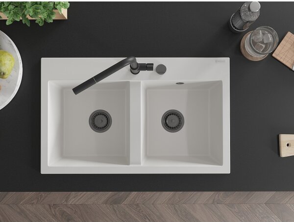 Mexen Hektor, chiuvetă granit cu 2 camere 800x480x205 mm, alb, sifon din grafit, 6521802000-20-B