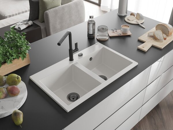 Mexen Hektor, chiuvetă granit cu 2 camere 800x480x205 mm, alb, sifon din grafit, 6521802000-20-B