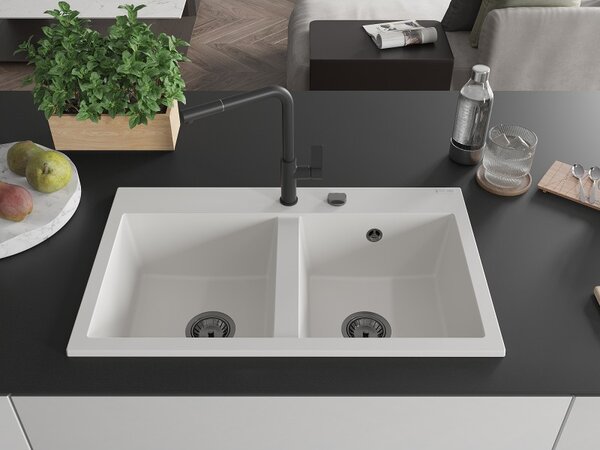Mexen Hektor, chiuvetă granit cu 2 camere 800x480x205 mm, alb, sifon din grafit, 6521802000-20-B