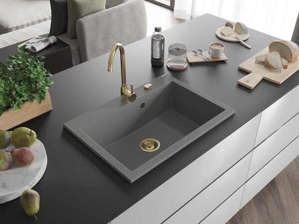 Mexen Elix, chiuvetă granit cu 1 vas 700 x 500 mm, gri, sifon auriu, 6526701005-71-G
