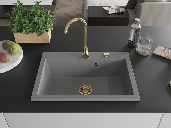 Mexen Elix, chiuvetă granit cu 1 vas 700 x 500 mm, gri, sifon auriu, 6526701005-71-G