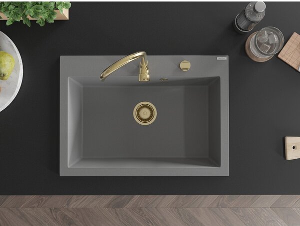 Mexen Elix, chiuvetă granit cu 1 vas 700 x 500 mm, gri, sifon auriu, 6526701005-71-G
