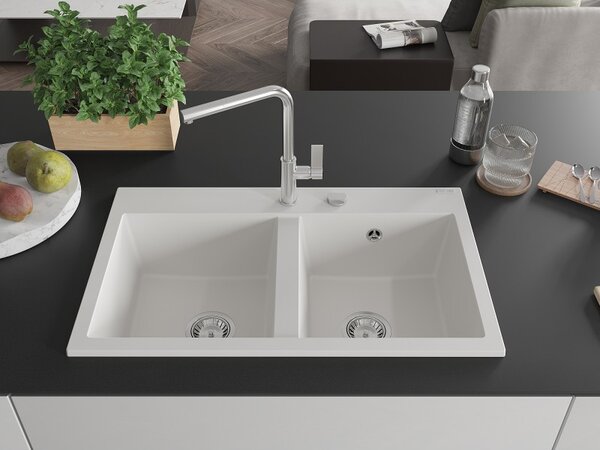 Mexen Hektor, chiuveta granit cu 2 camere 800x480x205 mm, alb, sifon crom, 6521802000-20