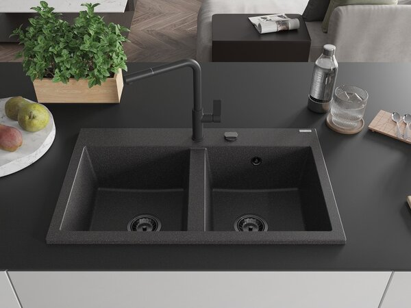 Mexen Hektor, chiuvetă granit cu 2 camere 800x480x205 mm, pete negre, sifon din grafit, 6521802000-76-B