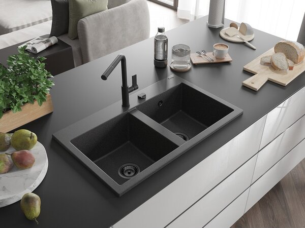 Mexen Hektor, chiuvetă granit cu 2 camere 800x480x205 mm, pete negre, sifon din grafit, 6521802000-76-B